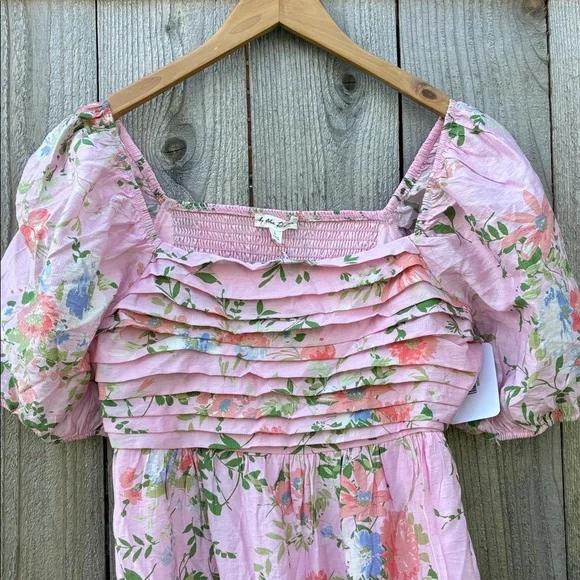 By The River Floral Pink Puff Midi Sleeve Dress - Picture 4 of 15